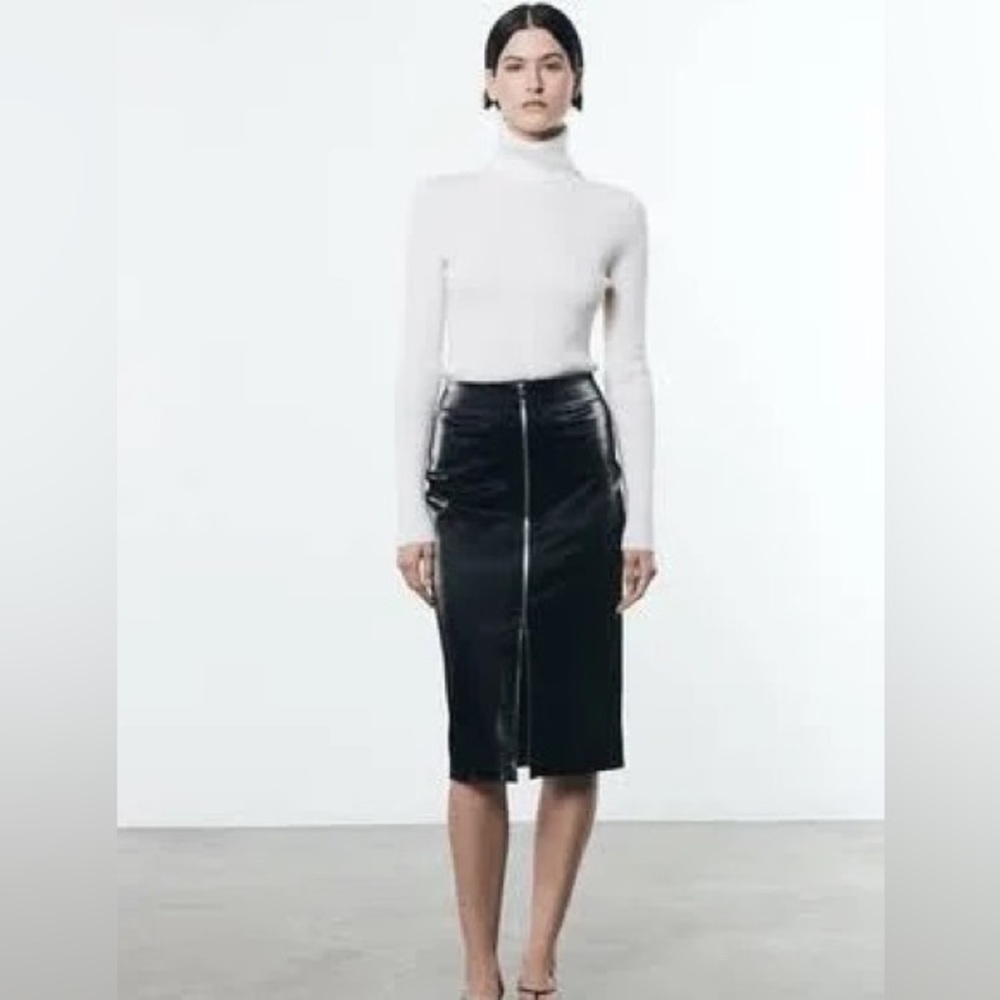 Enza Costa Black Leather Zip-Front Pencil Skirt